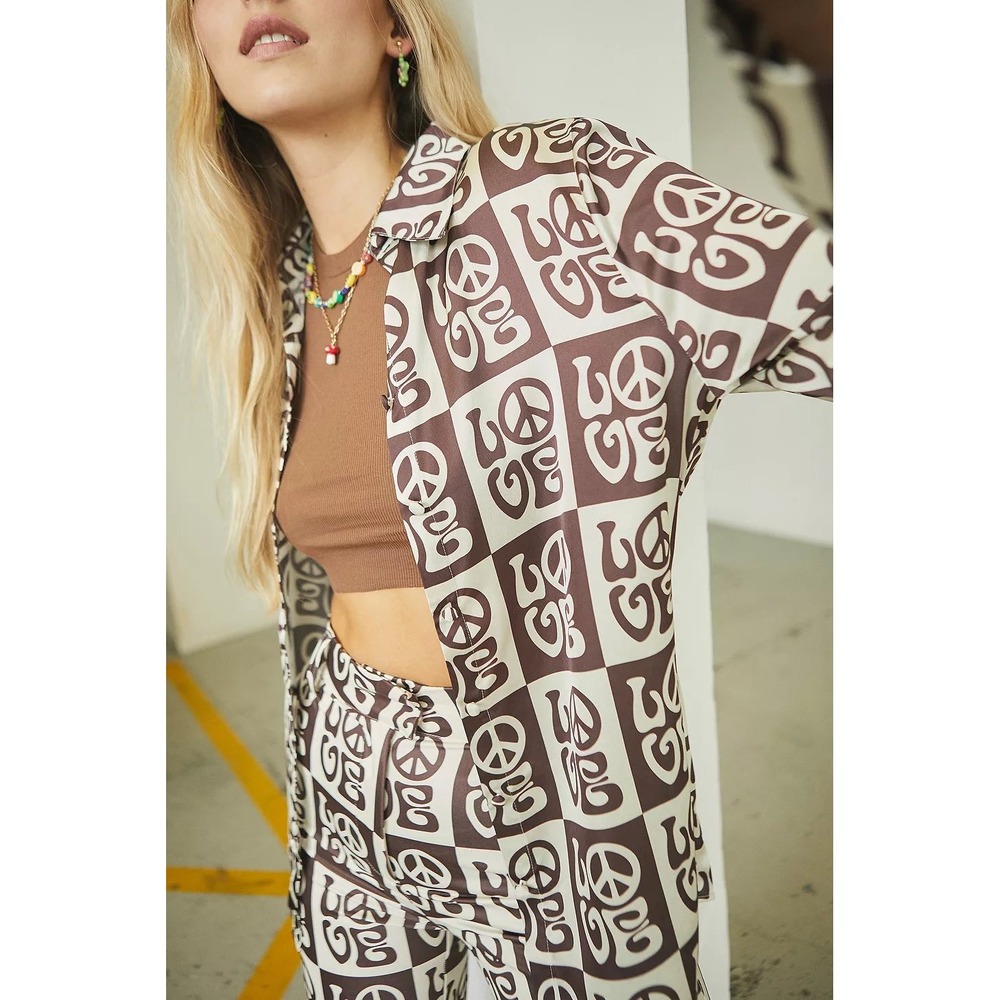 House of Sunny Vol 17 Peace Love Checkerboard Shirt Brown Cream US 6